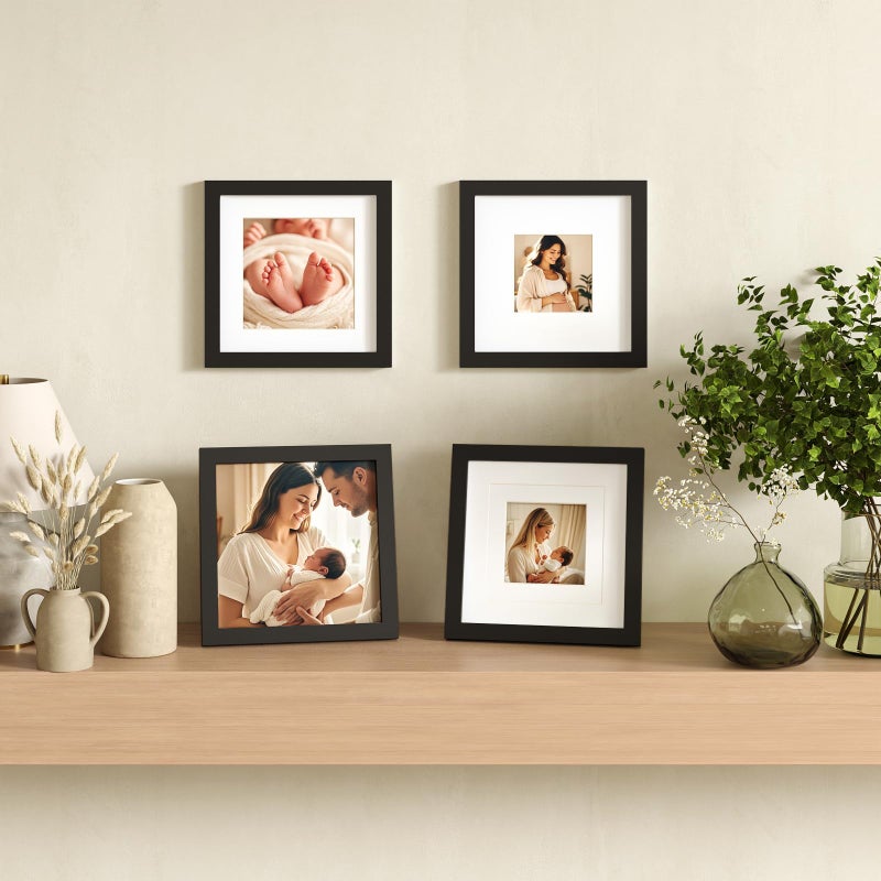 Egofine 8x8 Picture Frames 4 PCS - Made of Solid Wood Covered by Plexiglass Display 4x4/6x6 with Mat or 8x8 without Mat, for Table Top Display and Wall Mounting Photo Frame Black - Image 5